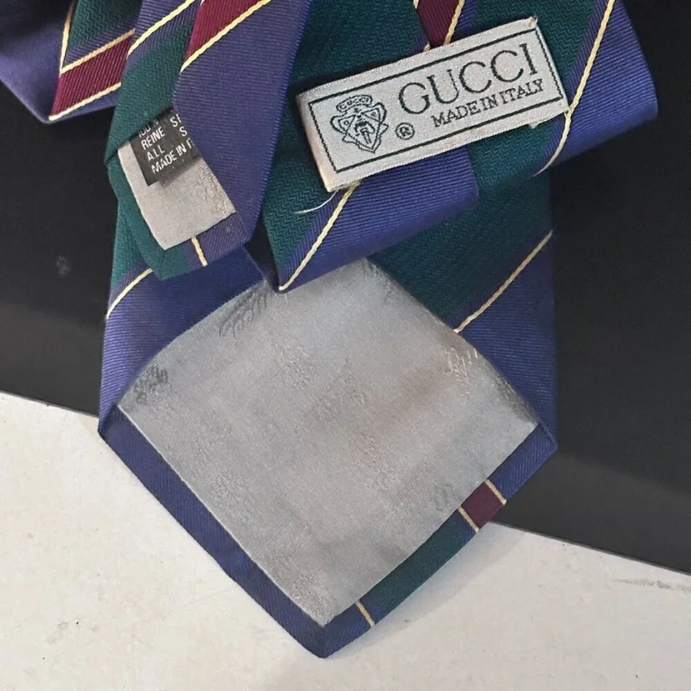 Gucci Logo Silk Tie Vintage Striped Blue Green Red Gold VTG Neckwear Academia